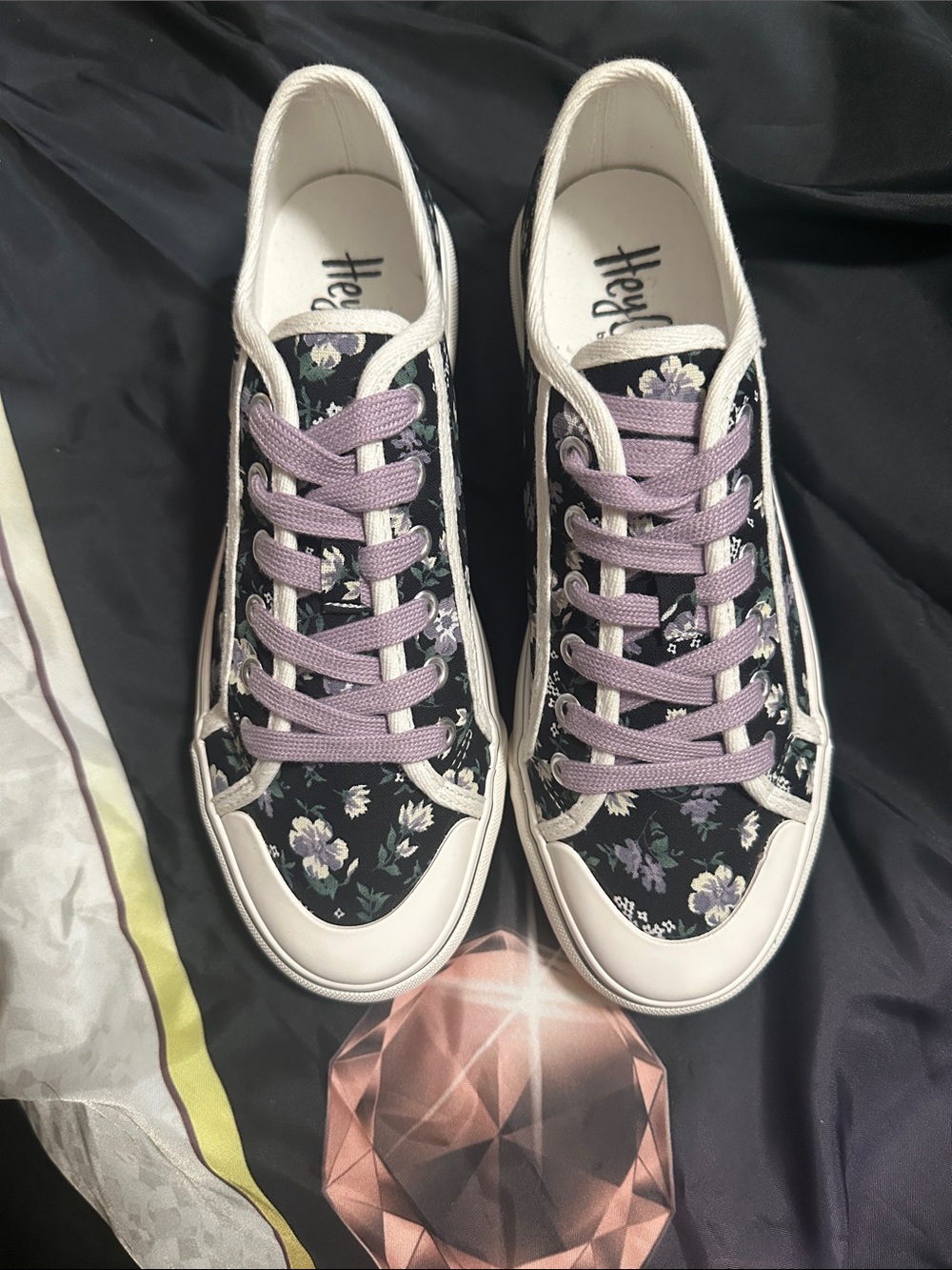 Floral Lace-Up Sneakers in Black and Lavender